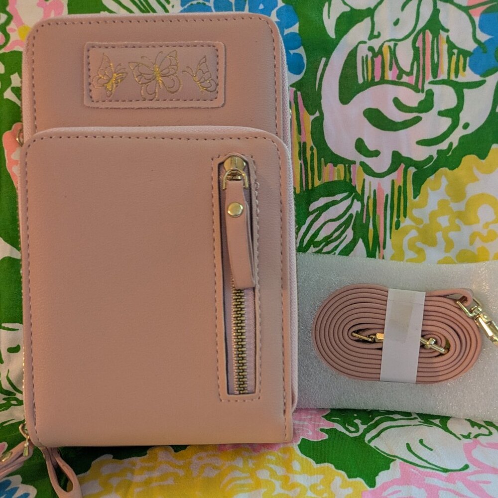 Elegant Butterfly Pink Crossbody Bag and Phone carrier. NWOT.